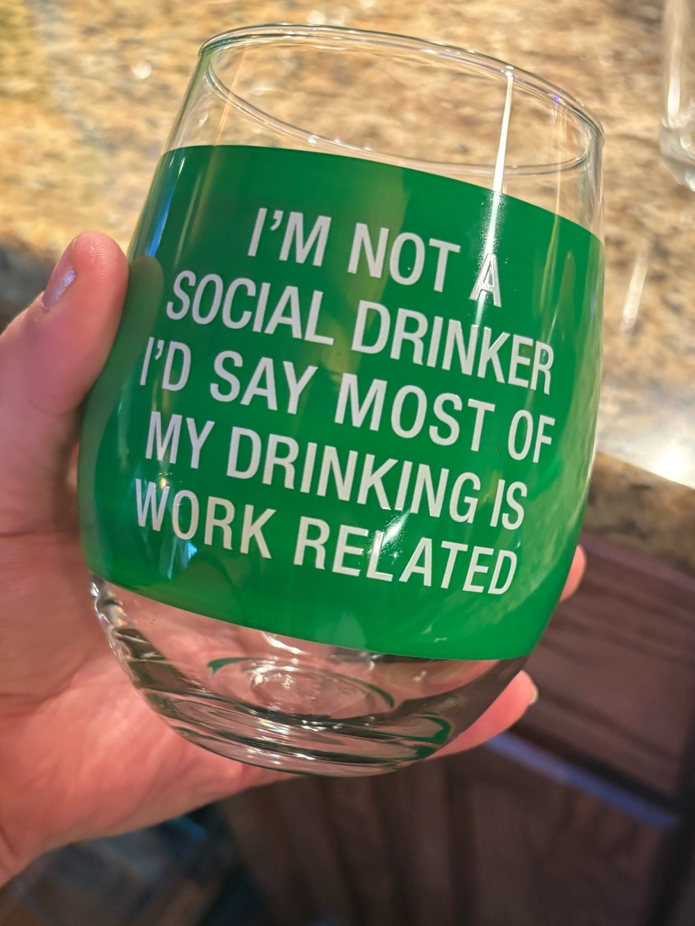 Green Novelty Stemless Wine Glass with Work-Related Quote